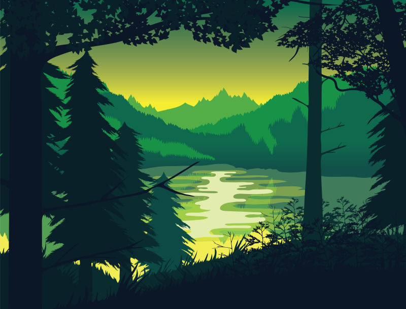 抽象矢量日落下的森林插图