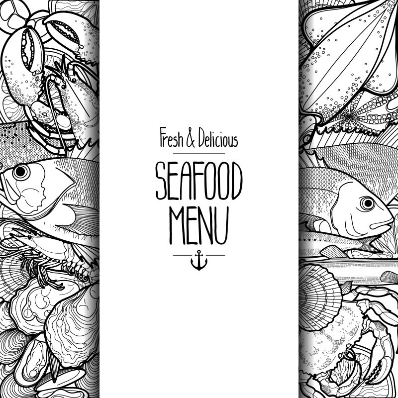 创意矢量复古海鲜鱼类元素的平面菜单设计