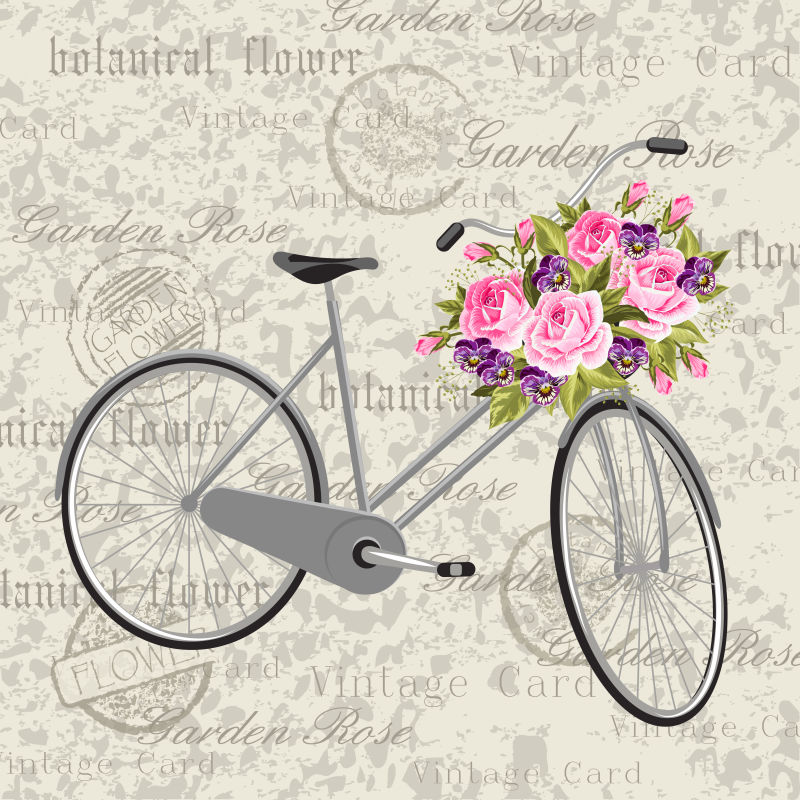 装满鲜花自行车篮子的矢量插图