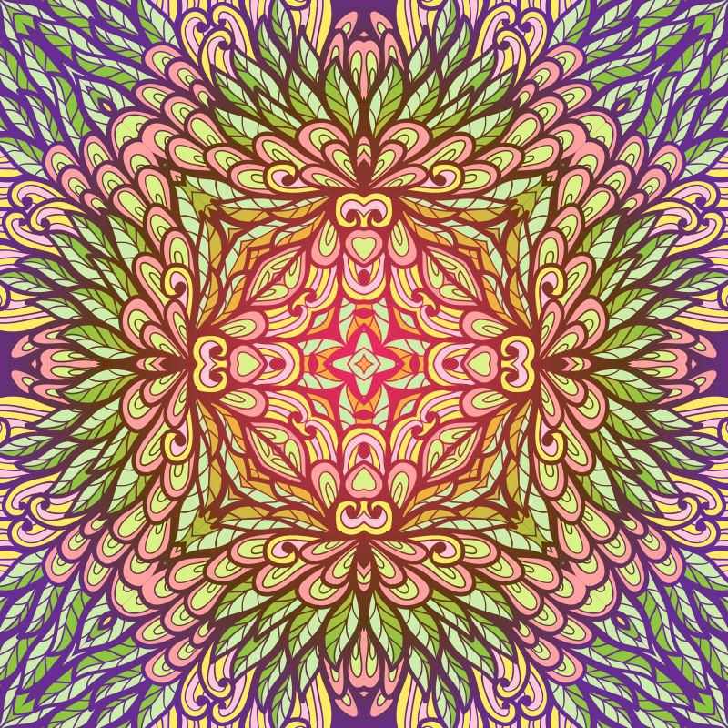 紫罗兰与绿色的民族花卉轨道模式矢量插图