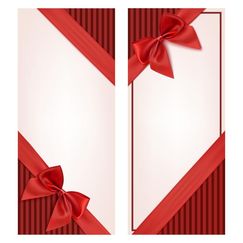红丝带和蝴蝶结装饰的礼品卡矢量插图