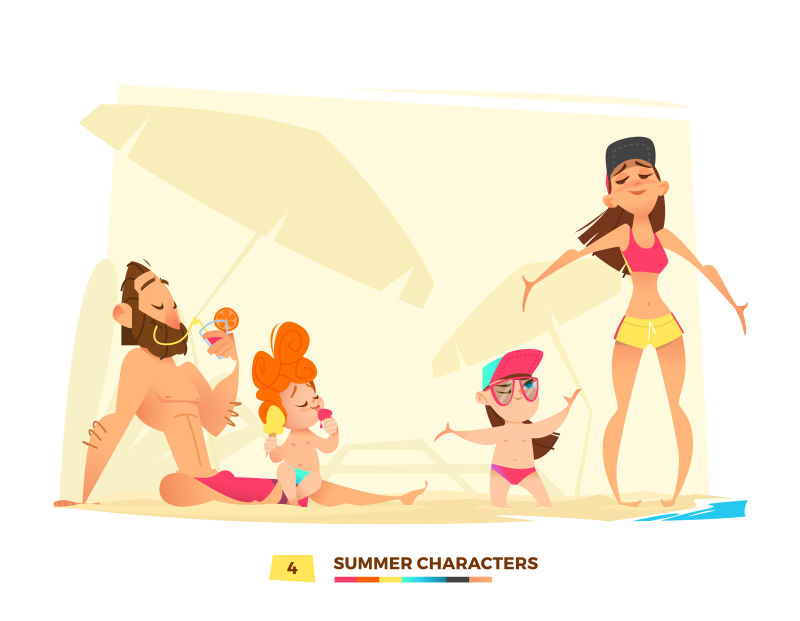 海滩度假的家庭矢量插图