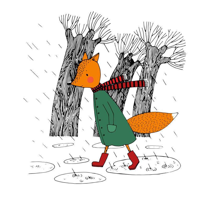 矢量雨中行走的悲伤狐狸卡通插图