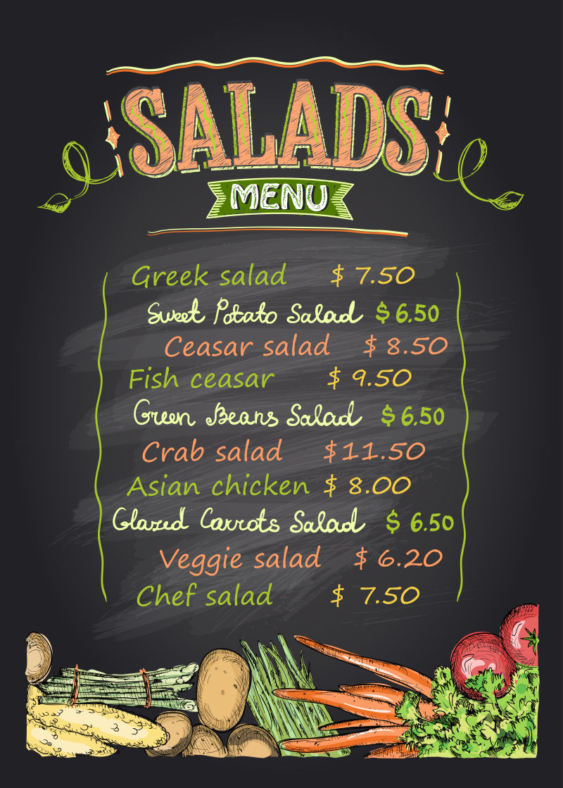 沙拉菜单列表蔬菜板设计矢量