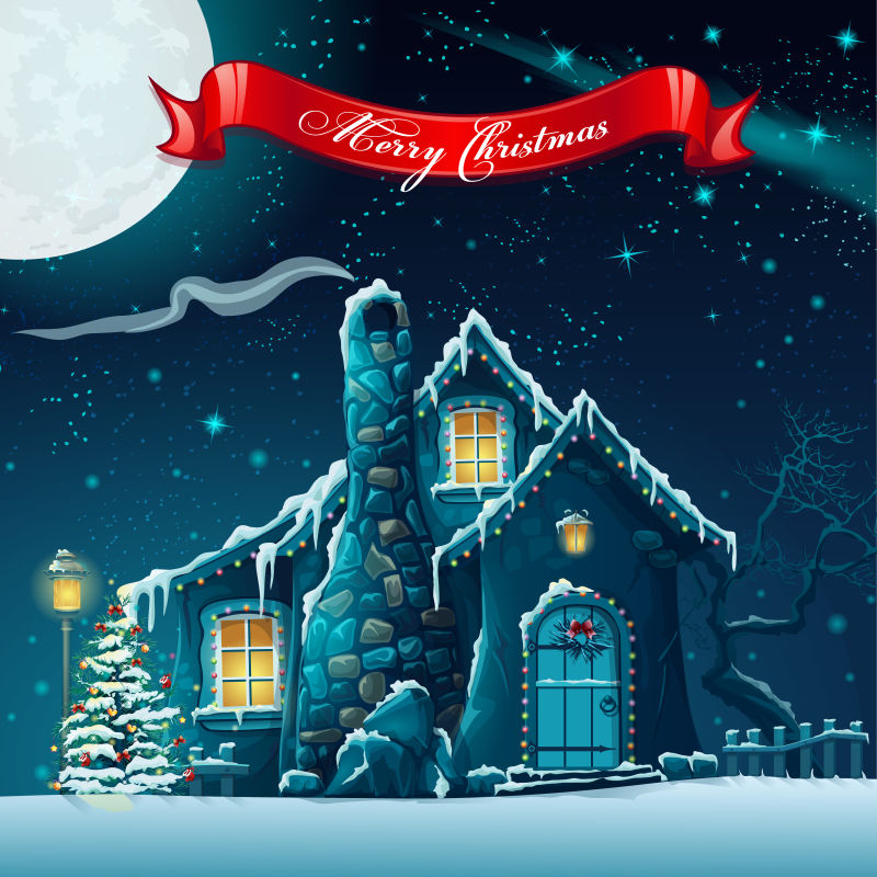 抽象矢量现代圣诞主题的雪地房屋插图