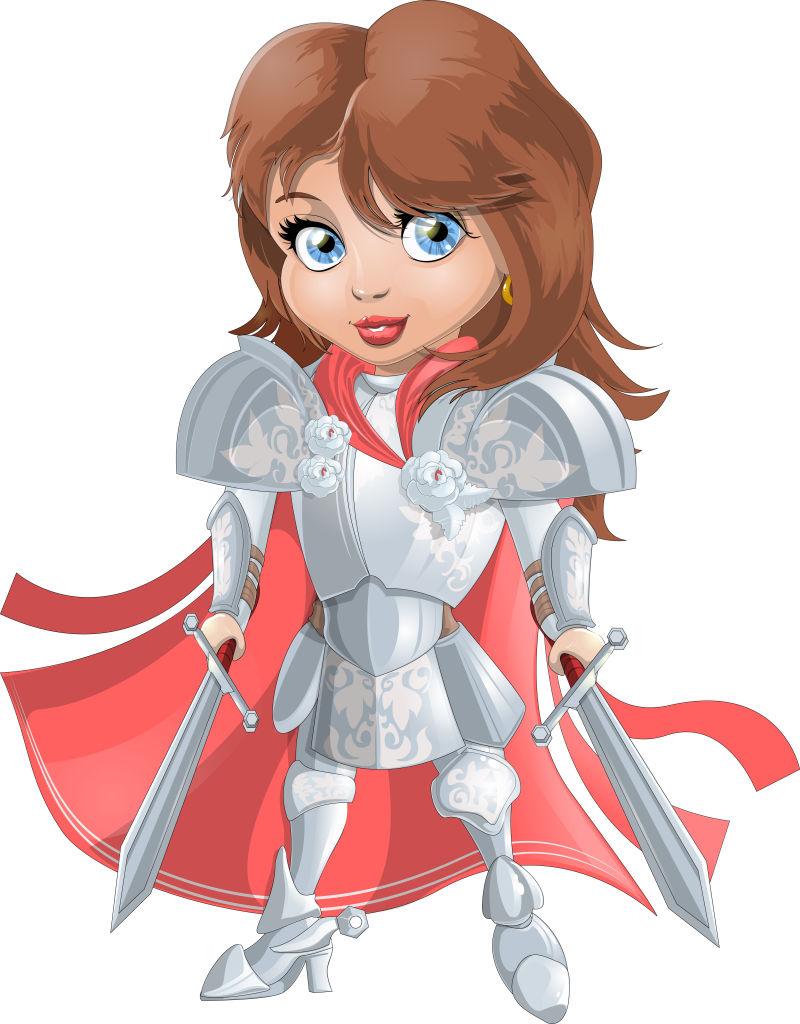 穿着白色盔甲的女孩骑士卡通形象矢量