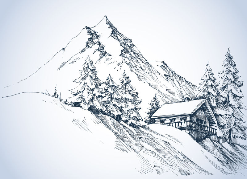 抽象矢量手绘冬天的山景插图