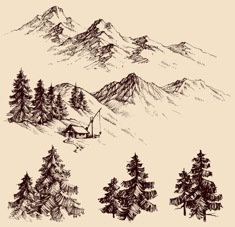 抽象矢量手绘树木设计插图