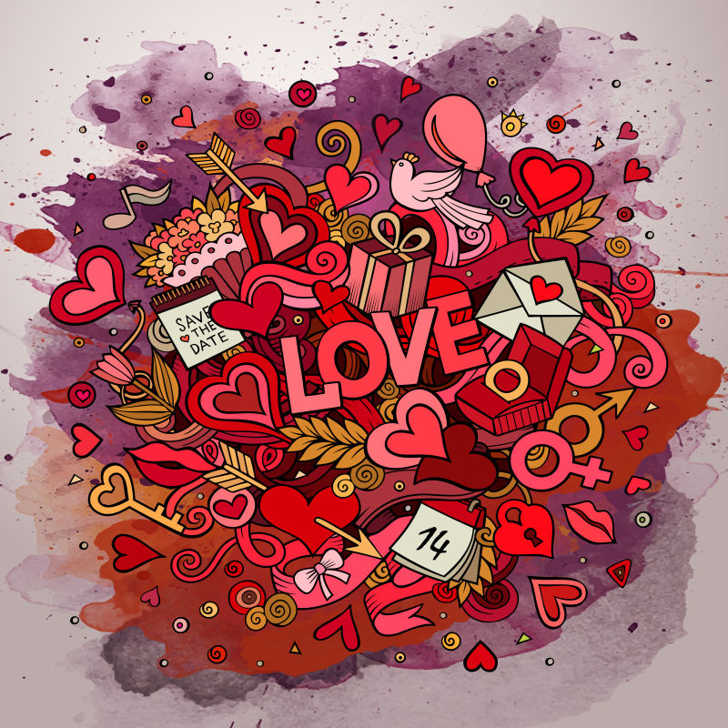 抽象矢量手绘爱情主题的涂鸦背景