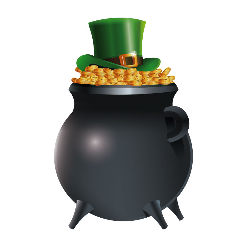 矢量装满金币的罐子与绿色帽子