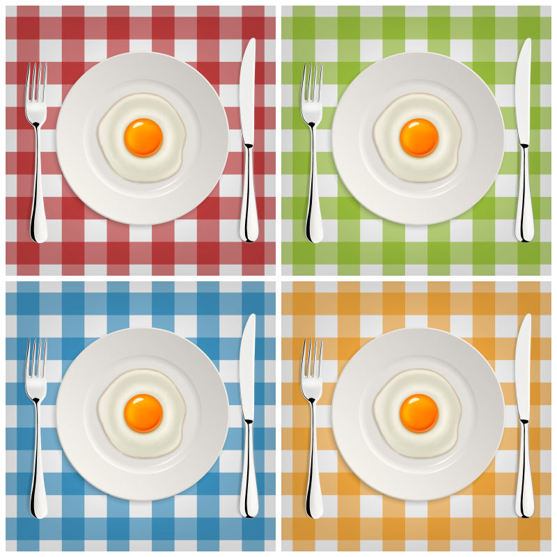 矢量不同餐布颜色上的煎蛋
