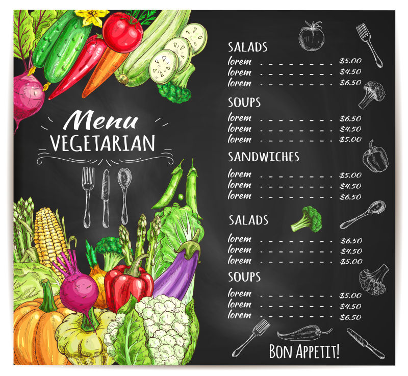 蔬菜素食菜单矢量