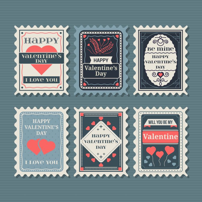抽象矢量复古情人节邮票卡片设计插图