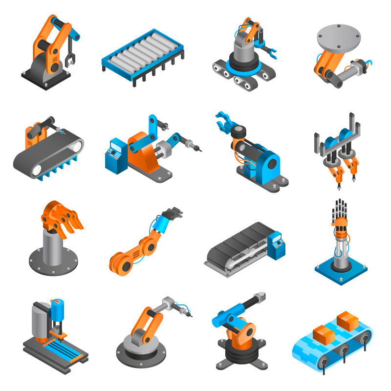 矢量工业机器人与工厂机械三维等距图标