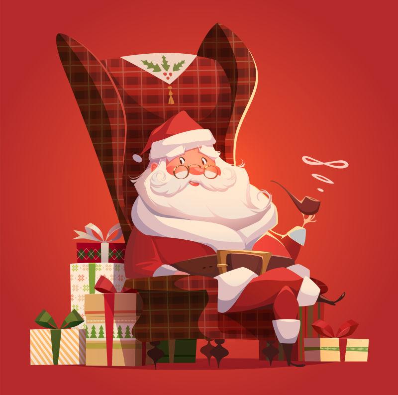 矢量设计坐在沙发上拿着烟斗的圣诞老人