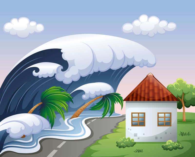 创意矢量海啸中的房子插图