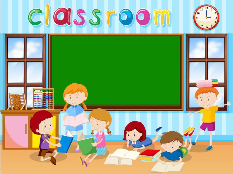 创意矢量教室里看书的学生平面插图