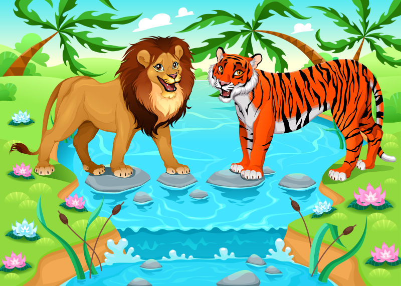 卡通的狮子和老虎矢量插图