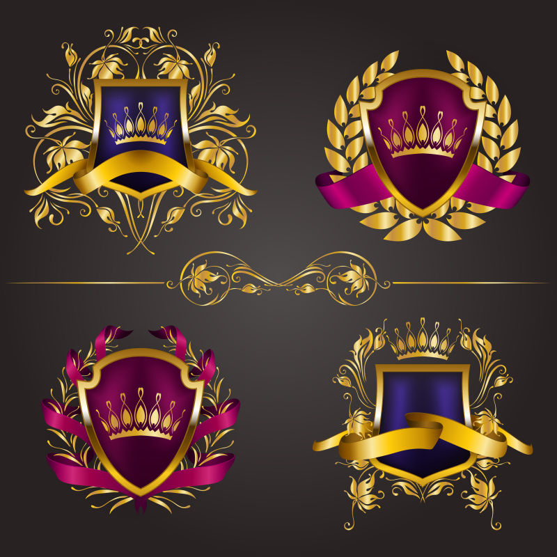 一套金色的皇家盾牌用于平面设计的背景旧框边框皇冠花卉元素缎带月桂花环在葡萄酒风格的图标标签徽章徽章徽标图解EPS10