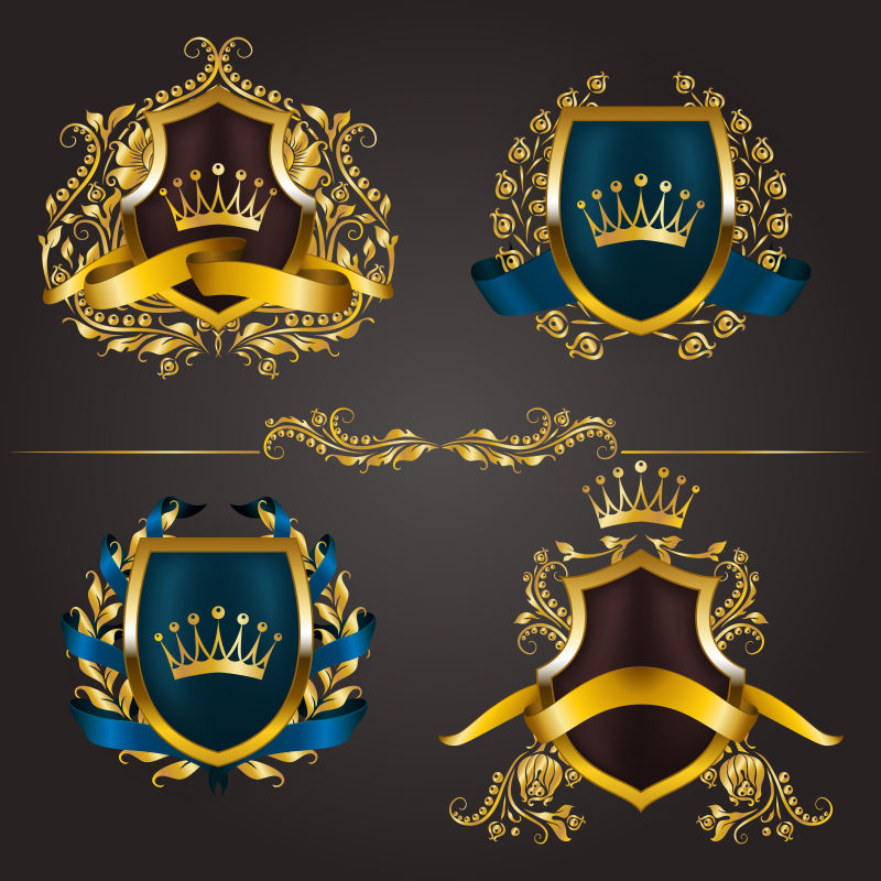 一套金色的皇家盾牌用于平面设计的背景旧框边框皇冠花卉元素缎带月桂花环在葡萄酒风格的图标标签徽章徽章徽标图解EPS10