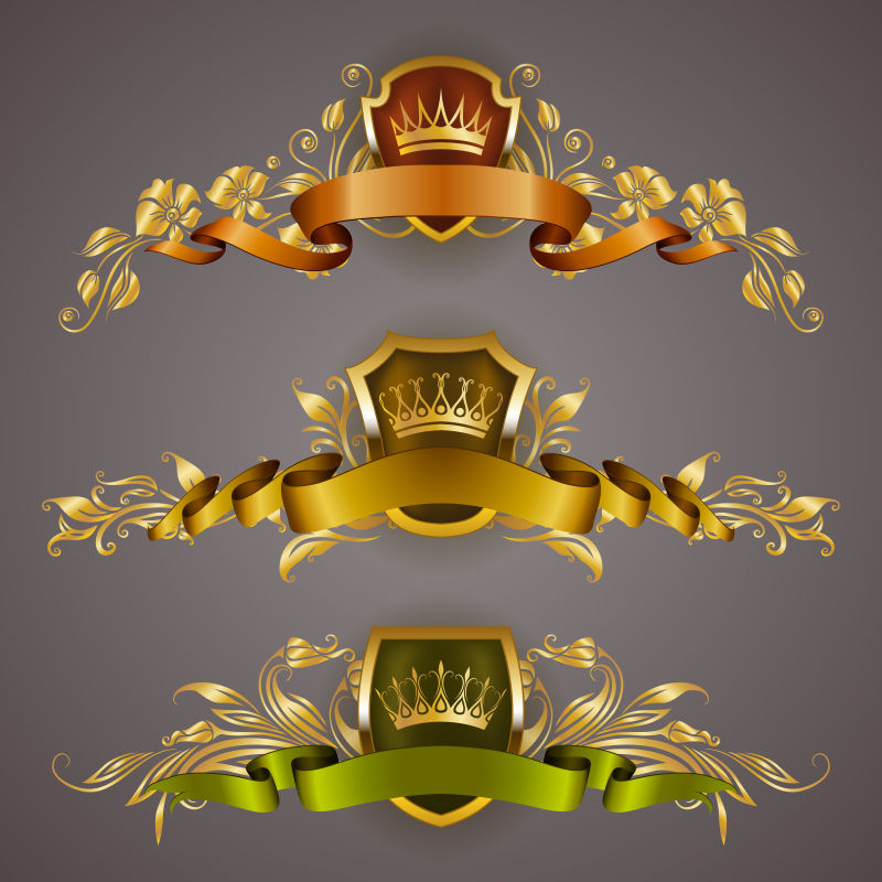 一套金色的皇家盾牌与花卉元素缎带月桂花环页网页设计旧框边框皇冠在老式风格的标签徽章徽章徽标矢量插图EPS10