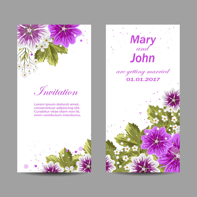 抽象矢量紫色玫瑰元素的婚礼请帖设计