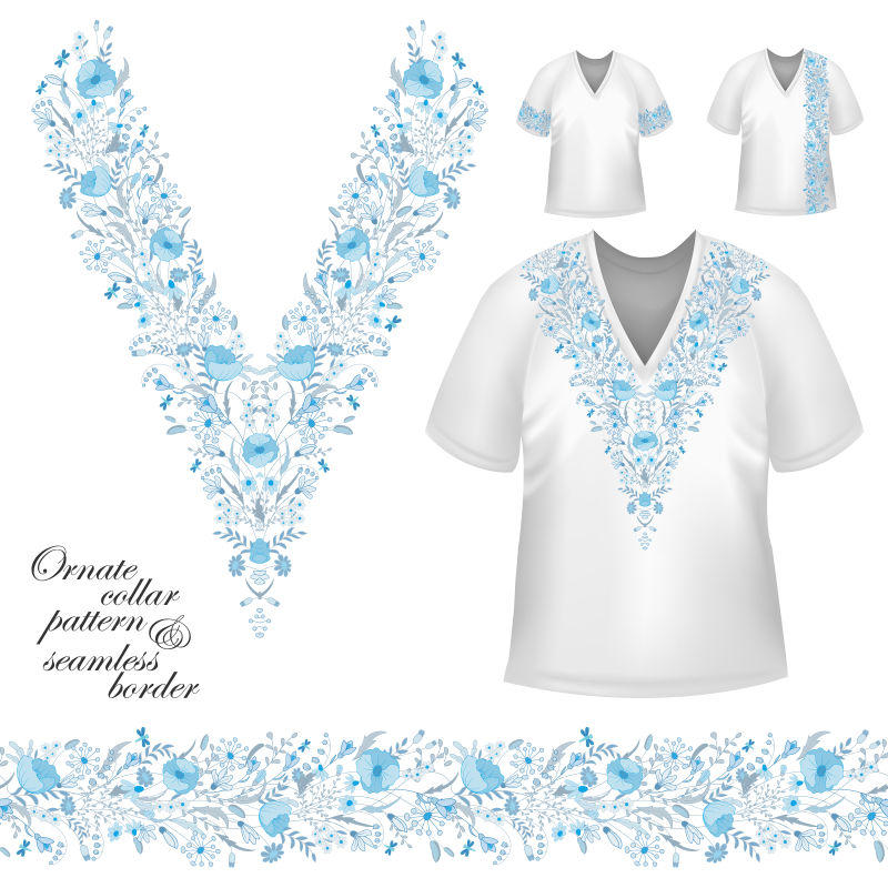 矢量T恤蓝色花朵装饰设计