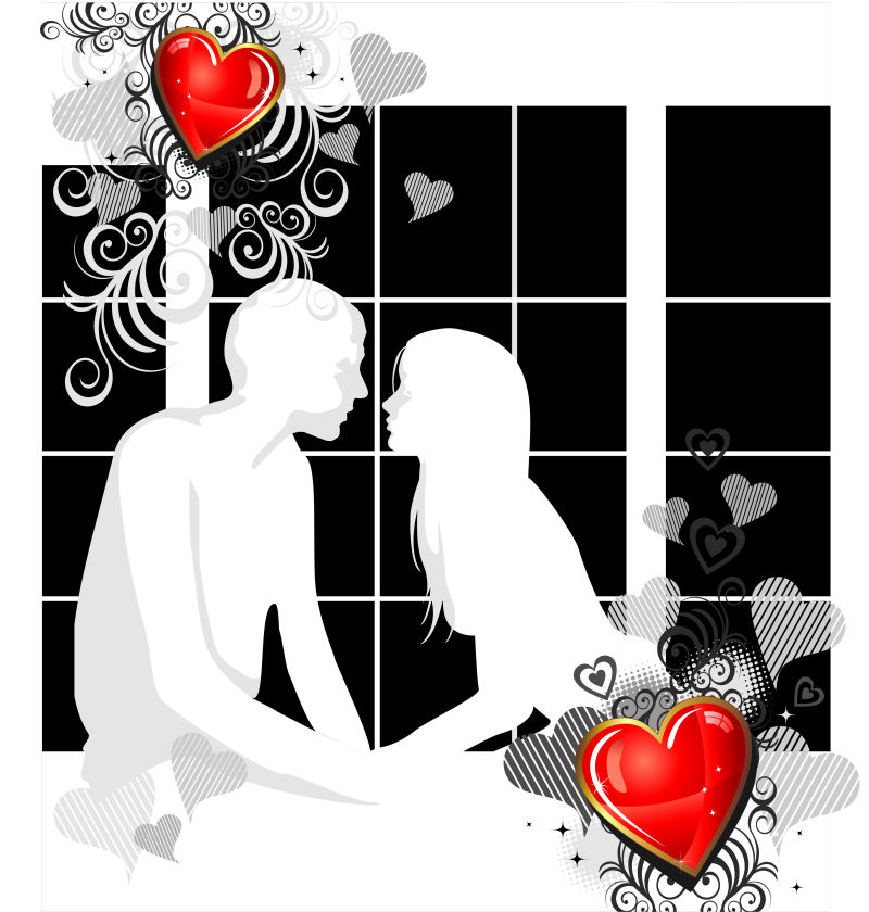 窗户边接吻的情侣矢量插图
