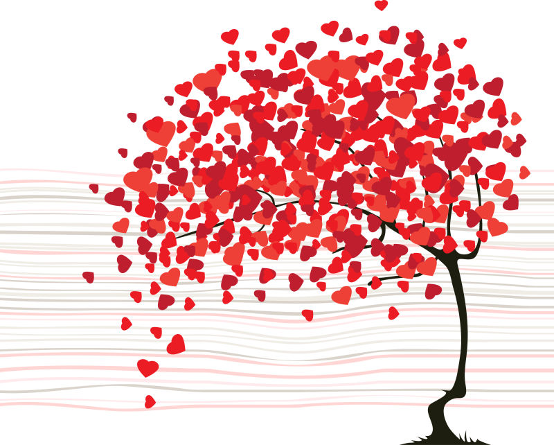 情人节心形树叶的大树矢量插图