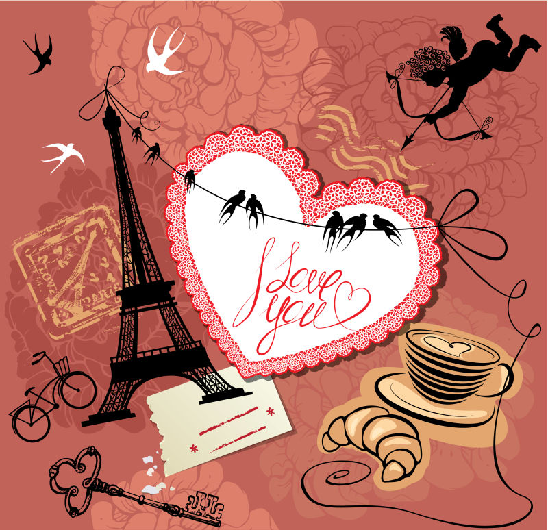 旧式情人节明信片与巴黎主题-埃菲尔塔矢量