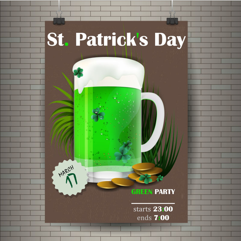 创意矢量绿色啤酒元素的圣帕特里克节海报设计