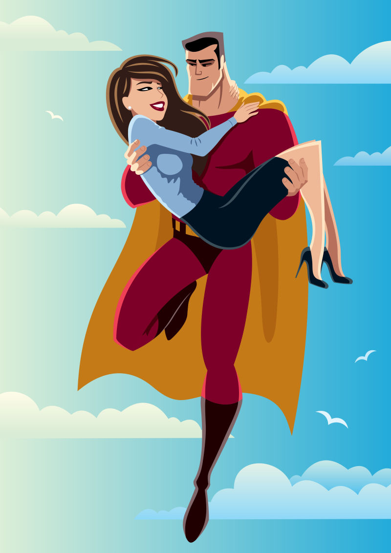 怀里抱着女人的超人矢量插图