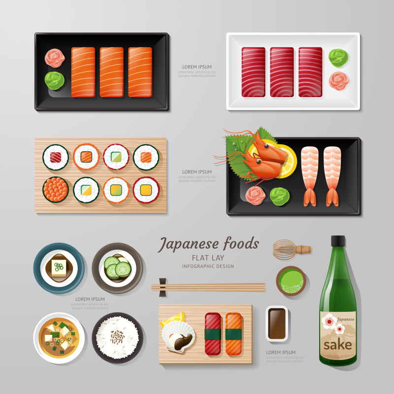 矢量日本寿司主题的平面设计插图