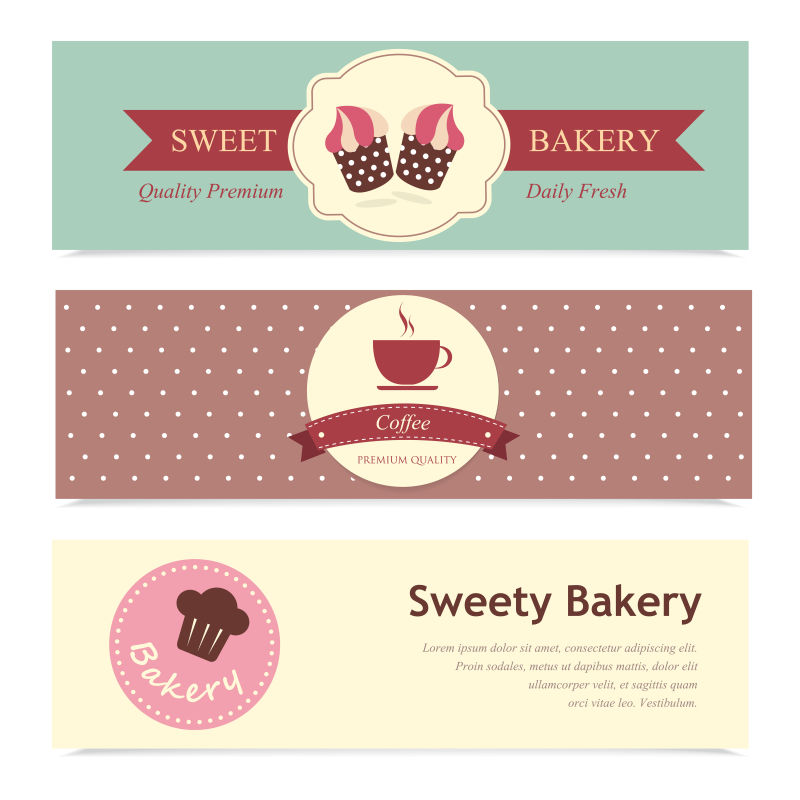 创意矢量现代甜品元素的平面横幅标签设计