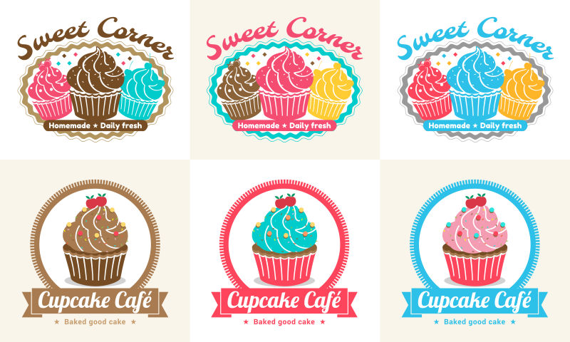 创意矢量现代彩色甜点元素的平面标签设计