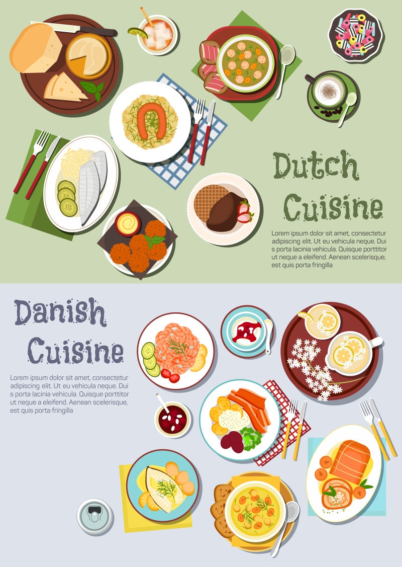 荷兰菜和丹麦菜矢量插图