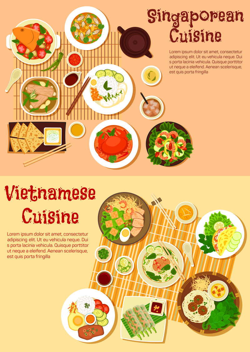 矢量的越南和新加坡美食