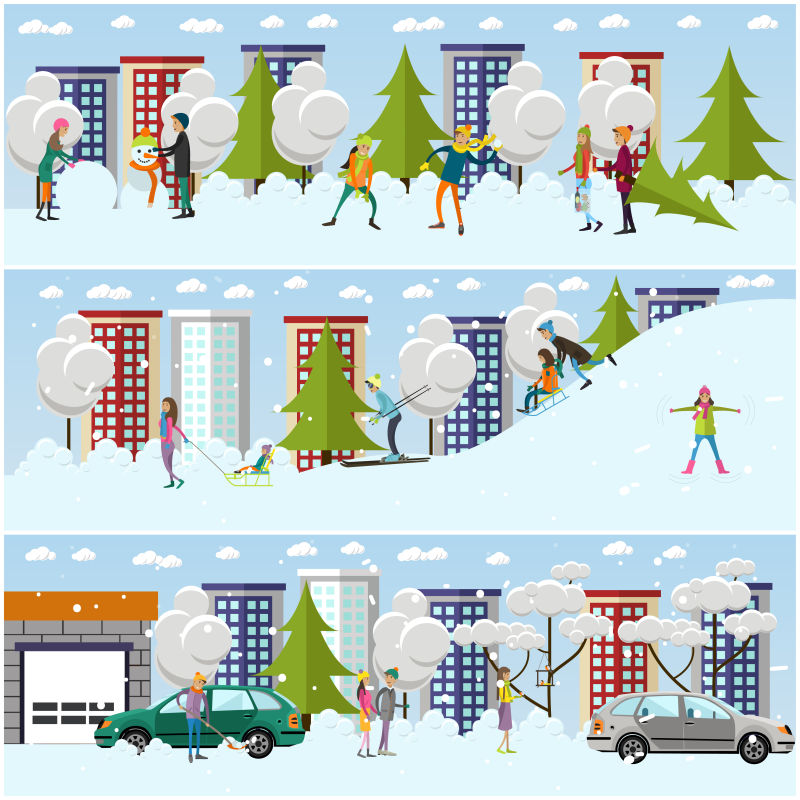 创意矢量冬季主题的城市平面设计插图