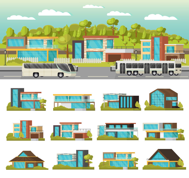 抽象矢量平面风格的现代住宅设计插图