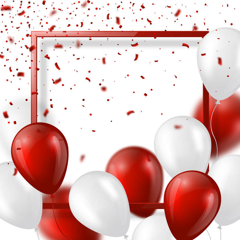 矢量庆祝的红白色气球与纸屑