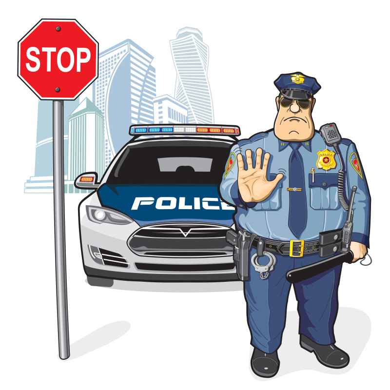 矢量抽象卡通警车和警察插图