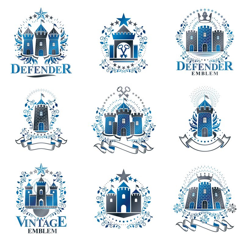 抽象矢量蓝色复古城堡徽章设计