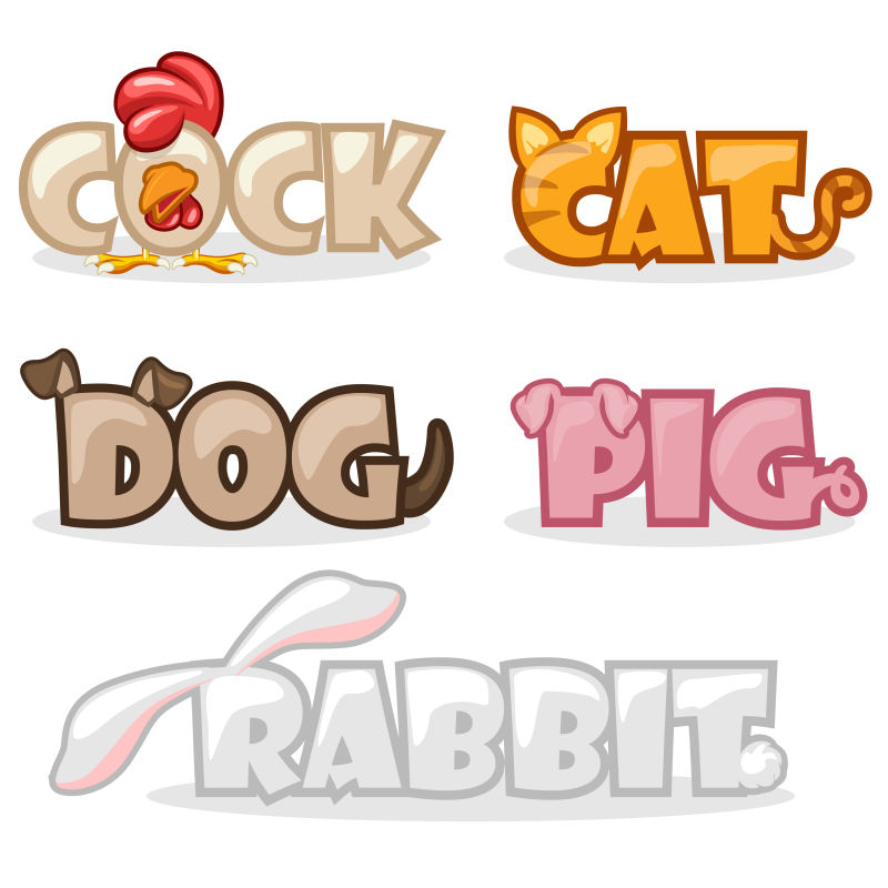 创意矢量可爱动物风格的字母设计插图