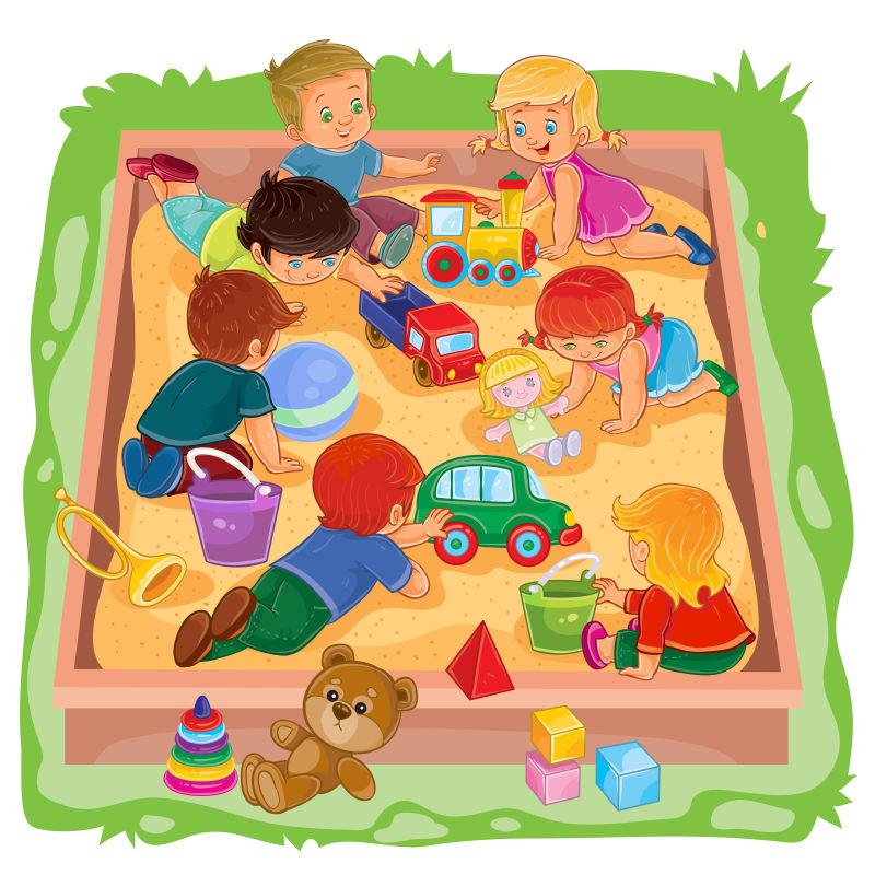 在沙盒里玩玩具的孩子卡通矢量