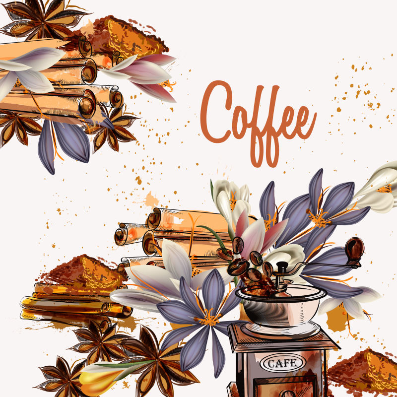 创意矢量咖啡元素的花卉背景