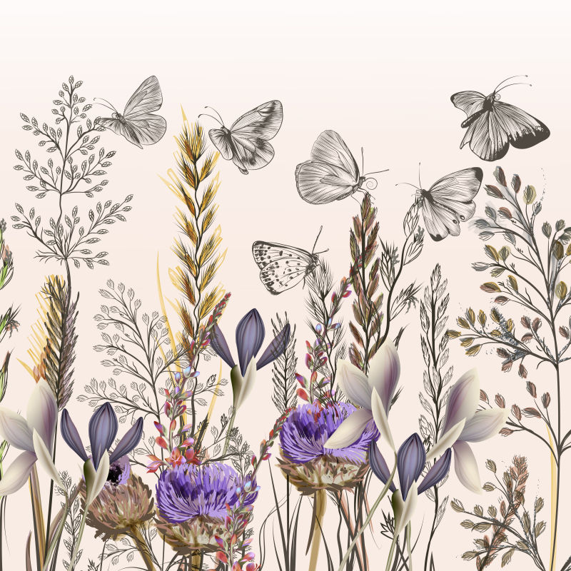 创意矢量美丽古典风格的花卉蝴蝶背景