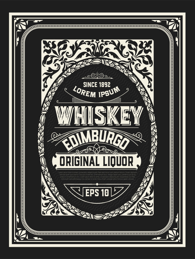 创意矢量细线风格的威士忌标签设计