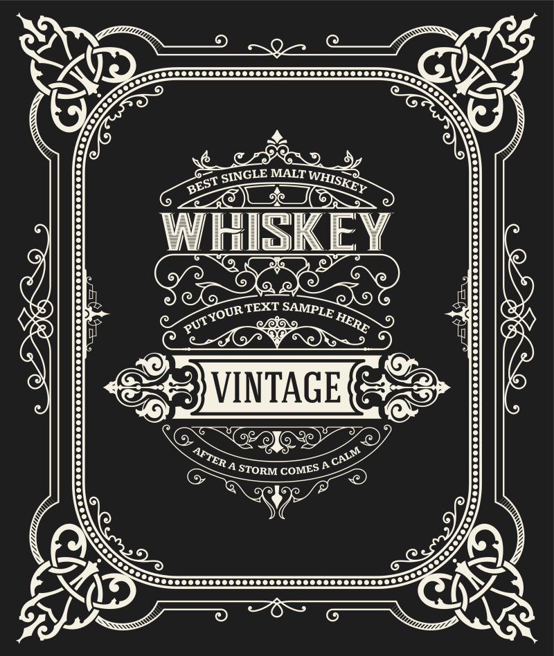 创意矢量复古细线风格的威士忌标签