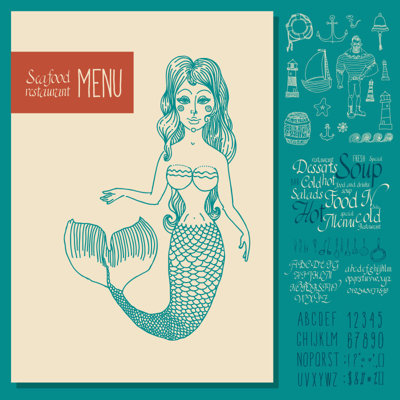 创意矢量手绘元素的现代海鲜餐厅菜单设计