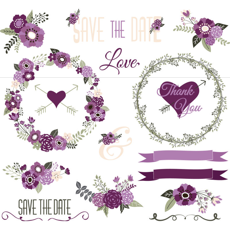 创意矢量紫色婚礼花卉装饰元素